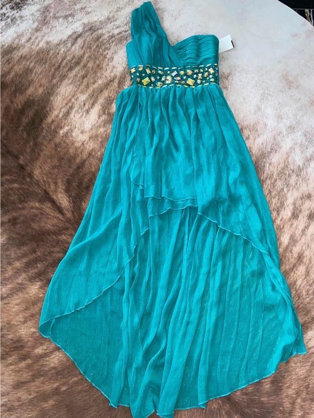Roberta Bridal Teal One-Shoulder High-Low Dress with Beaded Waist